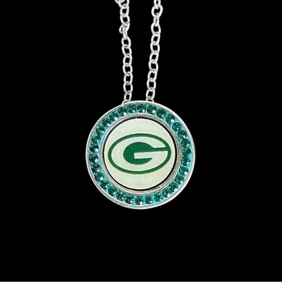 Green Bay Packers green rhinestone necklace stamped / signed with RL on back - Picture 1 of 7